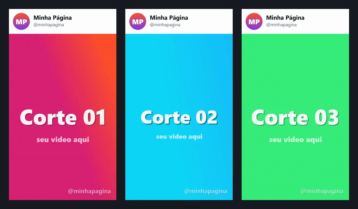 Três vídeos verticais prontos, cada um com cabeçalho com foto, nome e @ da página e marca d'água